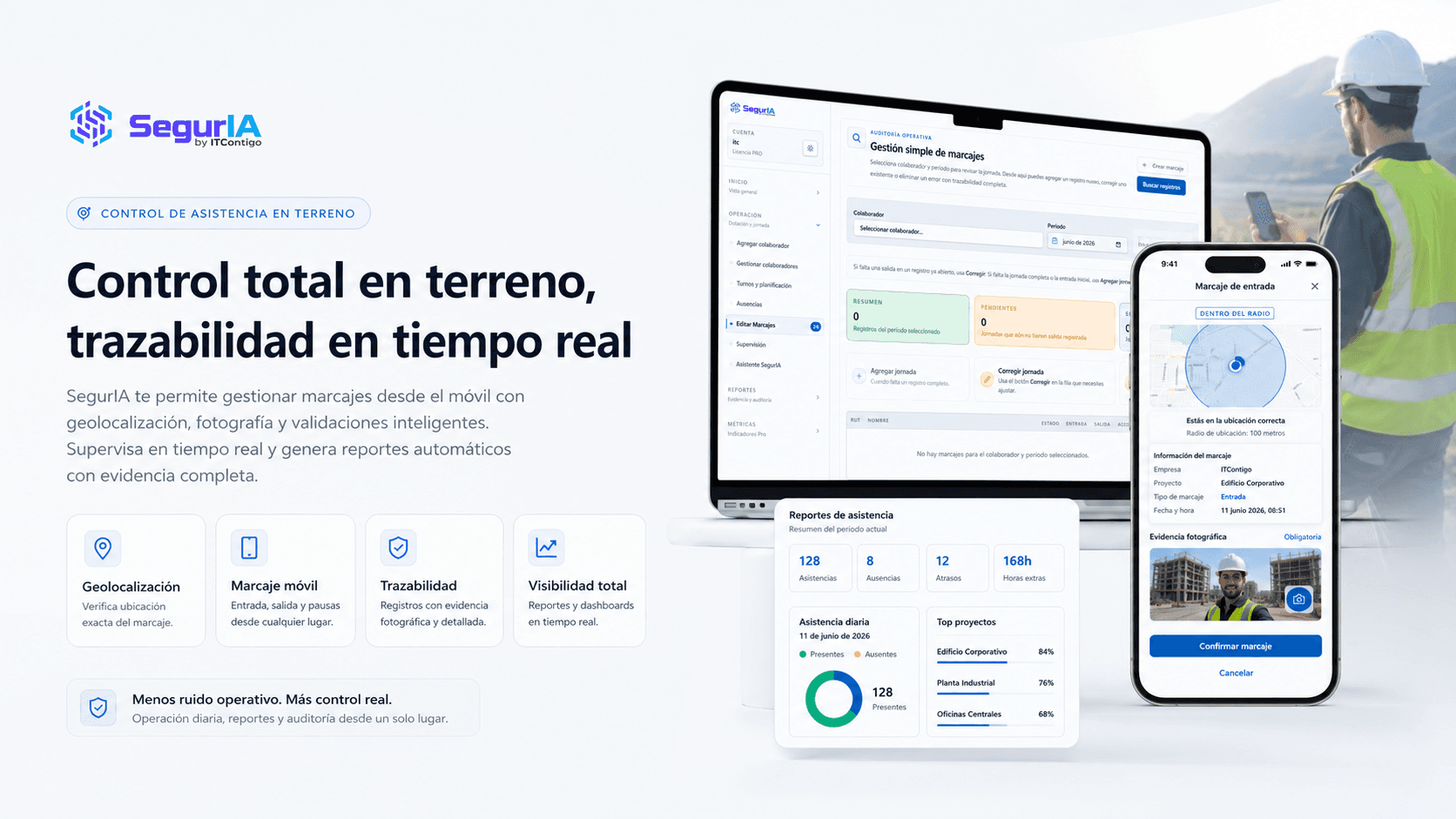 Control de asistencia en terreno con geolocalización, marcaje móvil y reportes operativos en SegurIA.