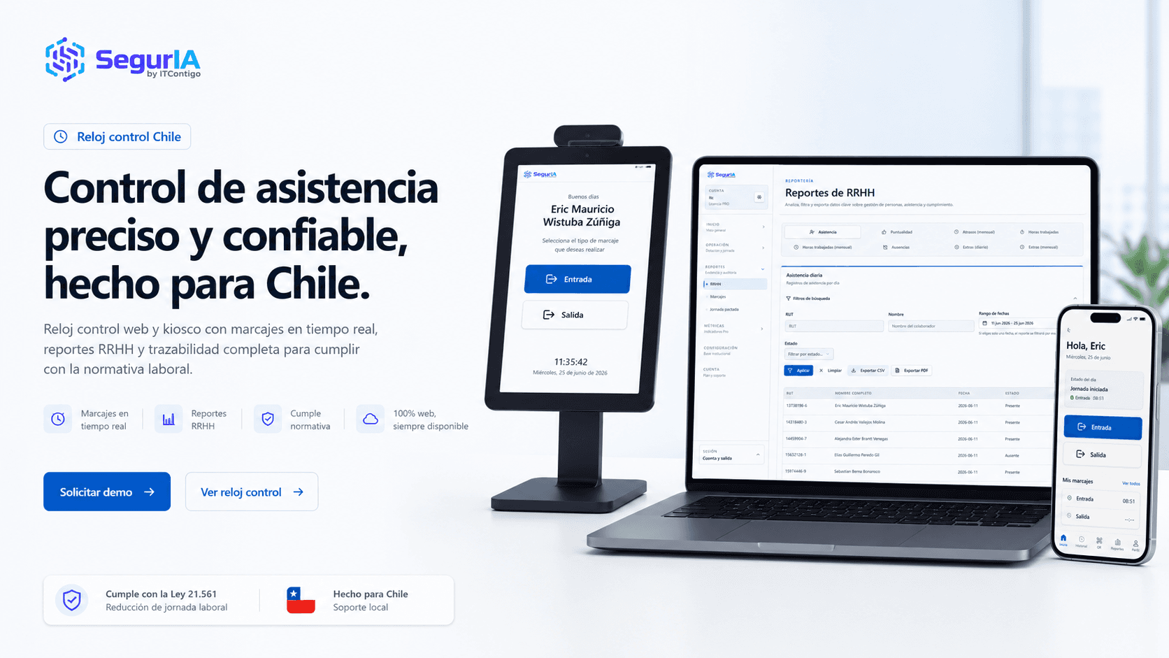 Reloj control web y kiosco SegurIA con reportes de RRHH y marcaje móvil para empresas en Chile.