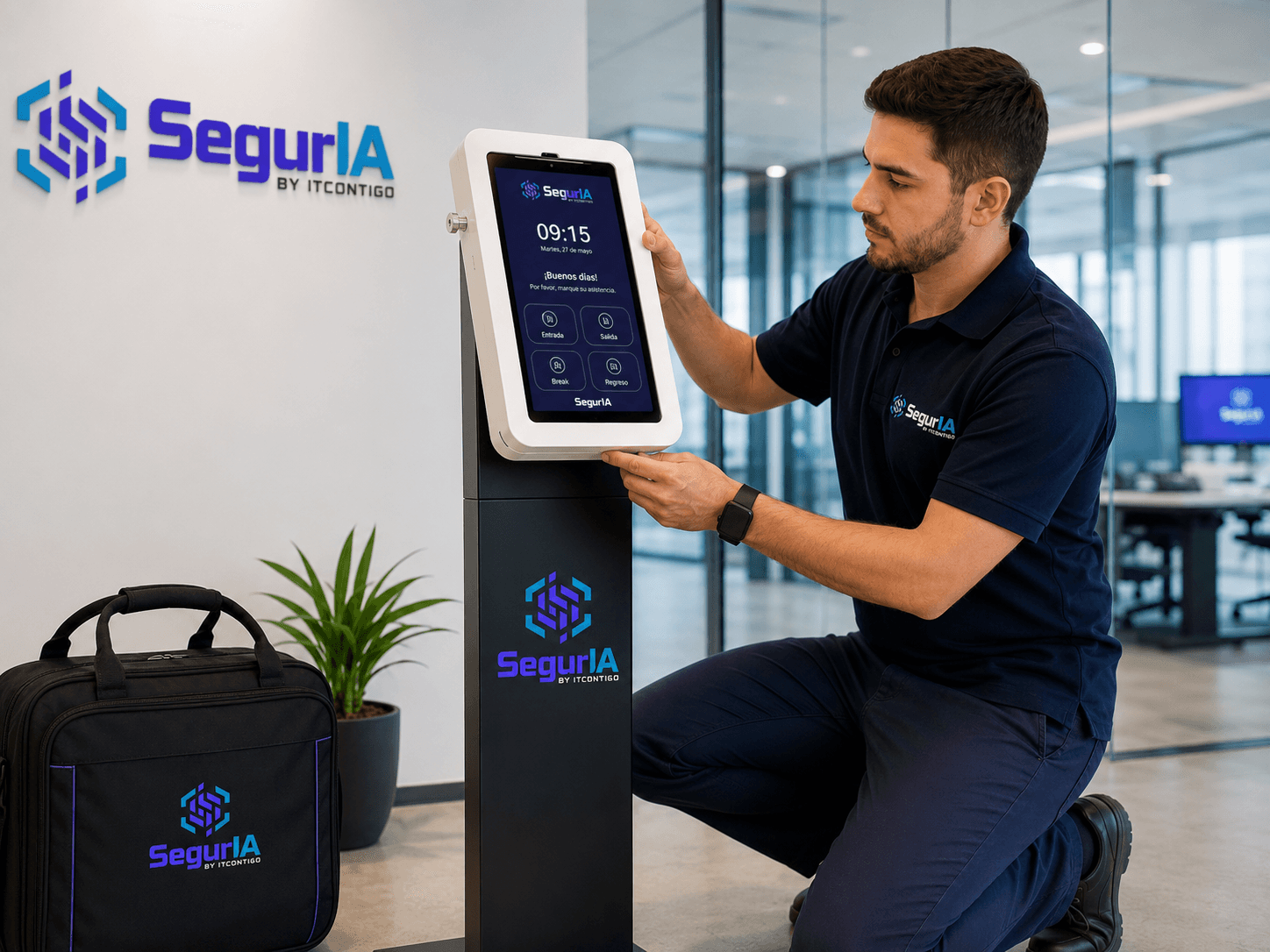 Instalación de pedestal para tablet de reloj control SegurIA Marking