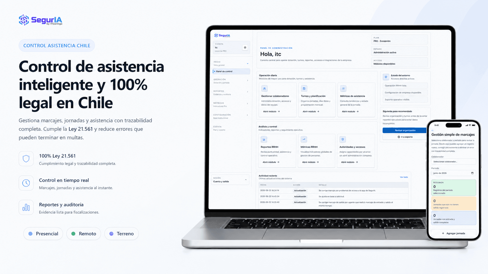 Control de asistencia inteligente en Chile con dashboard realista de SegurIA, gestión de marcajes y respaldo normativo.